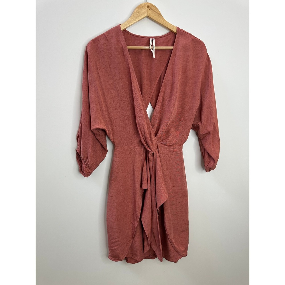 Anthropologie Tie-Front Wrap Mini Dress Size 8 Rust Viscose Linen 3/4 Sleeves - Picture 2 of 16